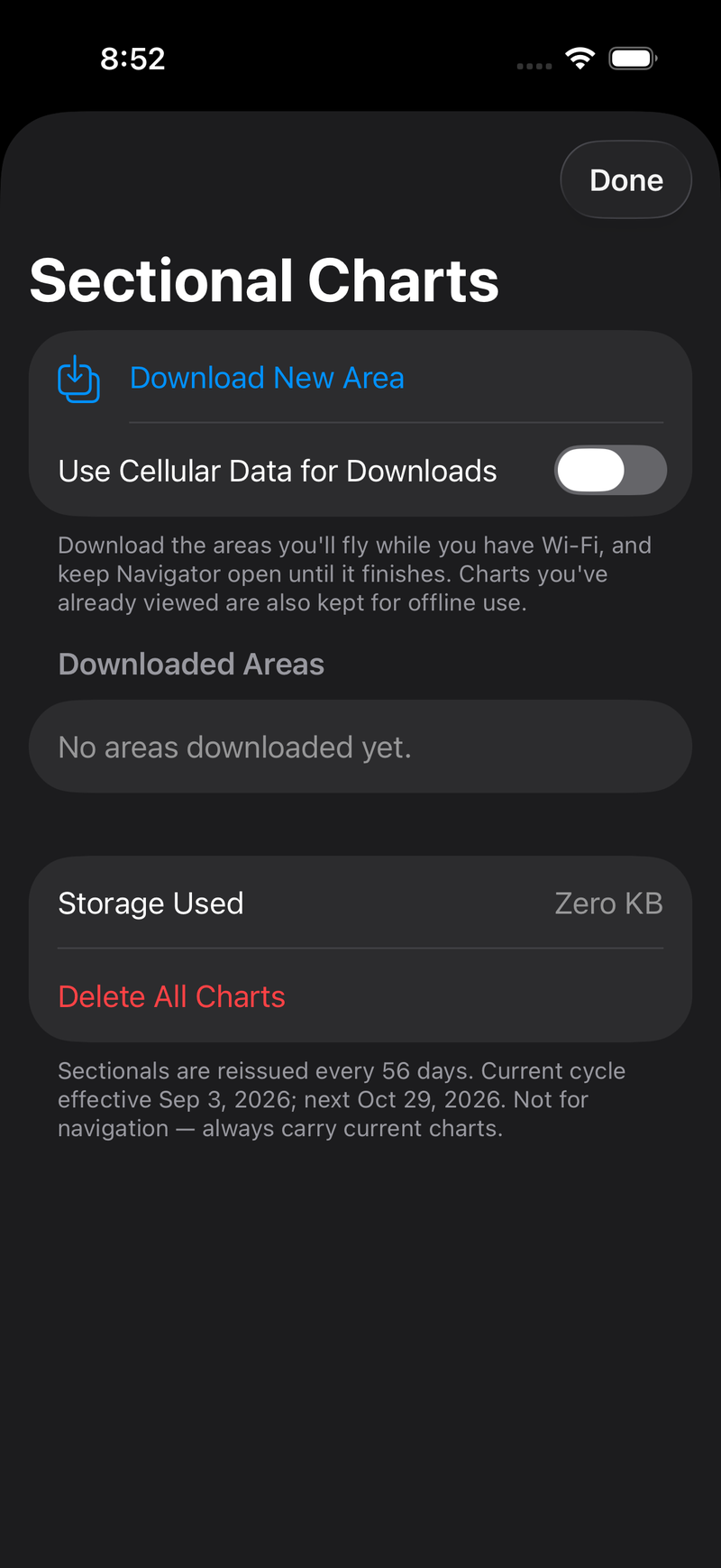 The Sectional Charts screen: a Download New Area button, a Use Cellular Data for Downloads switch turned off, an empty Downloaded Areas list, storage used, Delete All Charts, and a note that sectionals are reissued every 56 days with the current and next cycle dates.