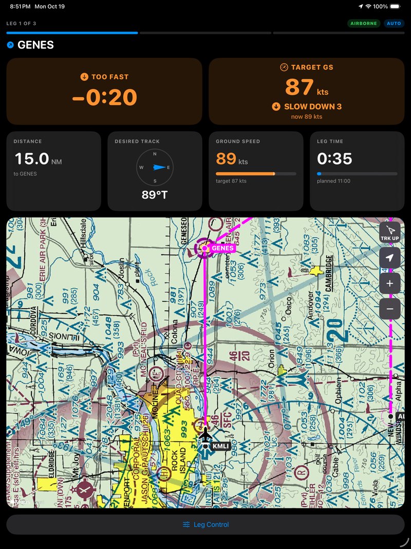Navigator on iPad: the delta and Target GS hero cards above a row of four gauges, and below them a VFR sectional of the Quad Cities area with the magenta route running north-east from KMLI to the GENES checkpoint, a checkpoint radius circle, the aircraft symbol over the airport, and TRK UP, recenter and zoom controls down the right edge.