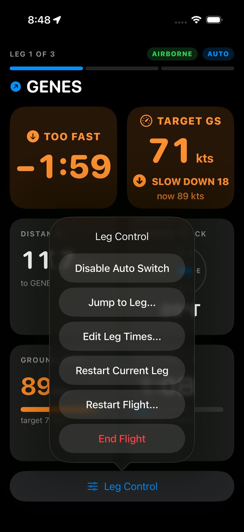 The Leg Control menu open over the live flight panel, listing Disable Auto Switch, Jump to Leg, Edit Leg Times, Restart Current Leg, Restart Flight, and End Flight in red.