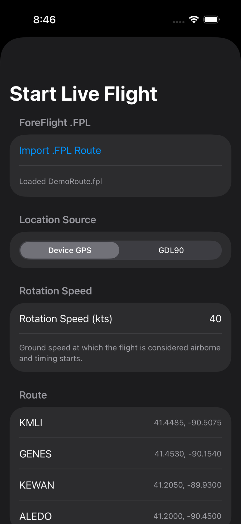 The Start Live Flight setup screen showing a loaded DemoRoute.fpl, the Device GPS / GDL90 location source picker, a rotation speed of 40 knots, and the parsed route waypoints KMLI, GENES, KEWAN and ALEDO with their coordinates.