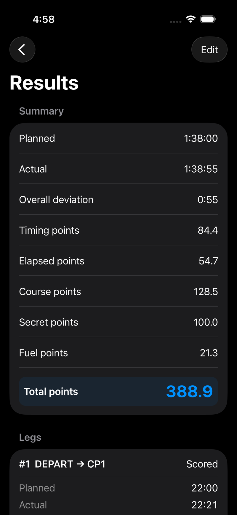 Navigator's results screen showing planned and actual times, timing, elapsed, course, secret and fuel points, and a total of 388.9 penalty points.